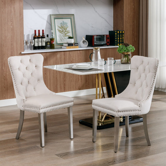 A&A Furniture Dining Chairs Nikki Collection Modern High-End Tufted Velvet Upholstered Dining Chair - Set of 2, Beige and Chrome