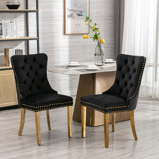 A&A Furniture Kitchen and Dining Chair A&A Furniture, Nikki Collection Modern, High-end Tufted Solid Wood Contemporary Velvet Upholstered Dining Chair with Golden Stainless Steel Plating Legs, Nailhead Trim, Set of 2, Black and Gold, SW1601BK