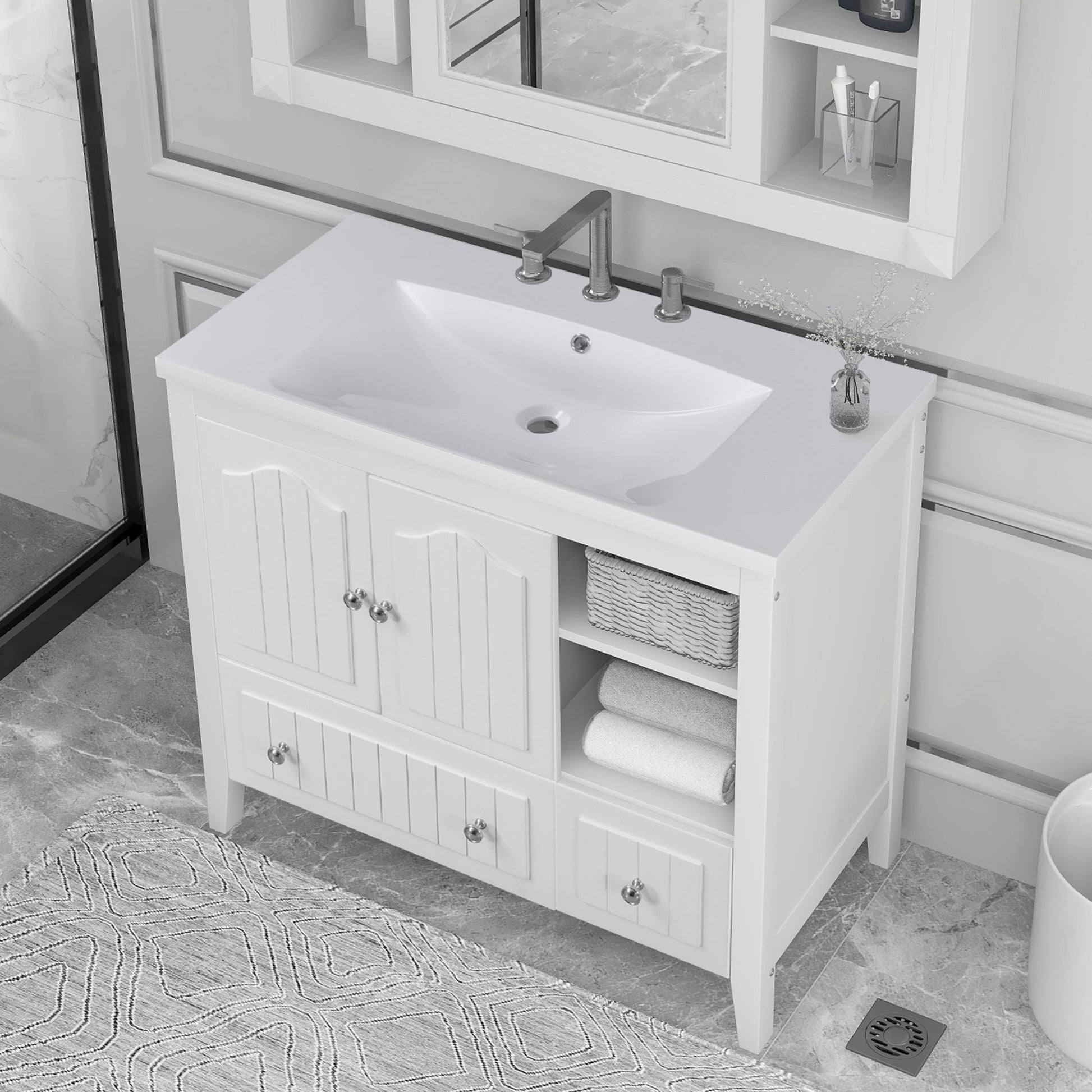 BY Bathroom Sink and Vanity 36" Bathroom Vanity with Ceramic Basin, Bathroom Storage Cabinet with Two Doors and Drawers, Solid Frame, Metal Handles, White