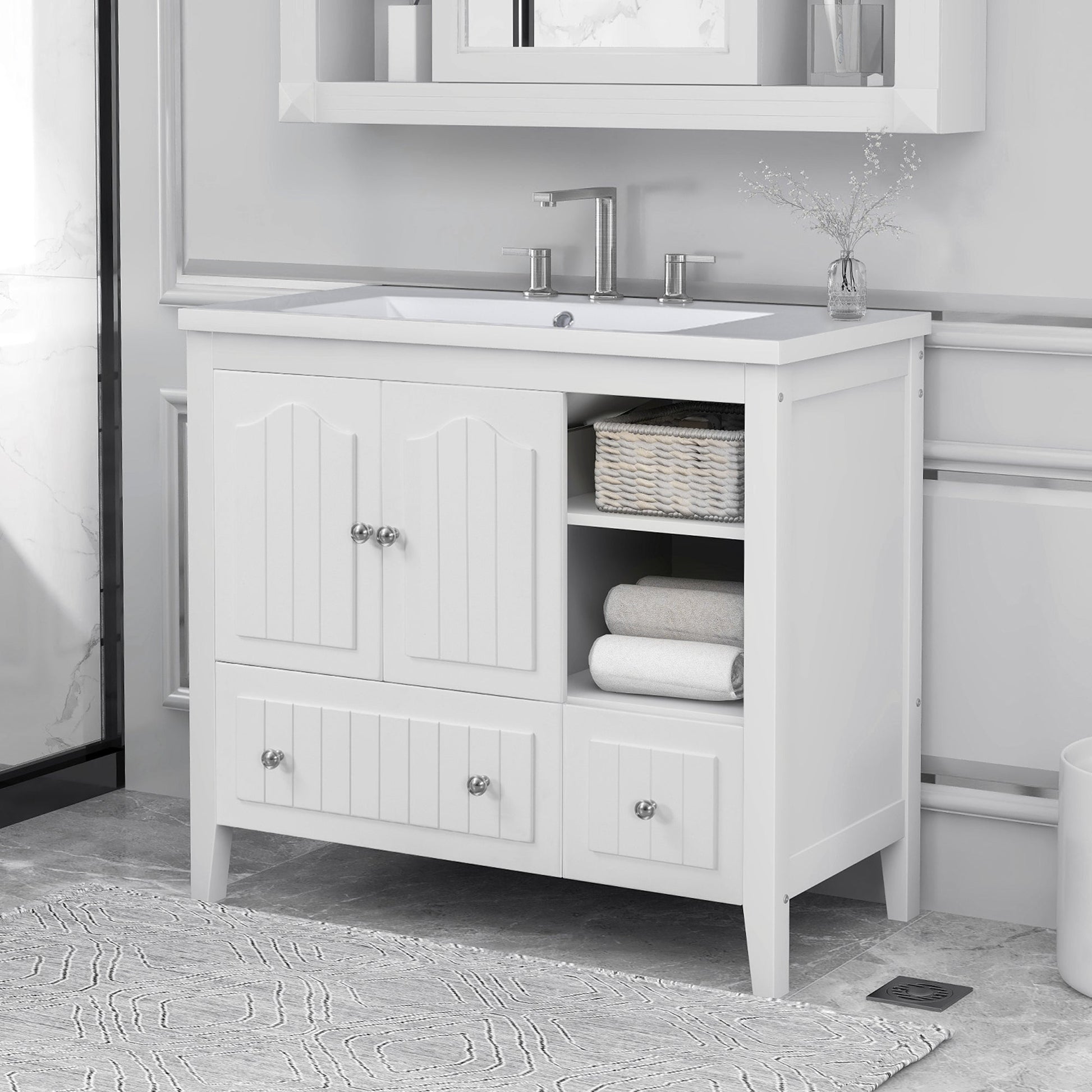 BY Bathroom Sink and Vanity 36" Bathroom Vanity with Ceramic Basin, Bathroom Storage Cabinet with Two Doors and Drawers, Solid Frame, Metal Handles, White