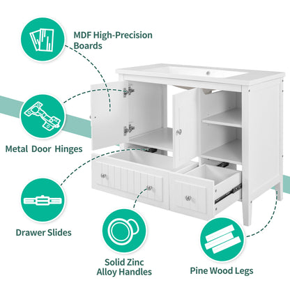 BY Bathroom Sink and Vanity 36" Bathroom Vanity with Ceramic Basin, Bathroom Storage Cabinet with Two Doors and Drawers, Solid Frame, Metal Handles, White