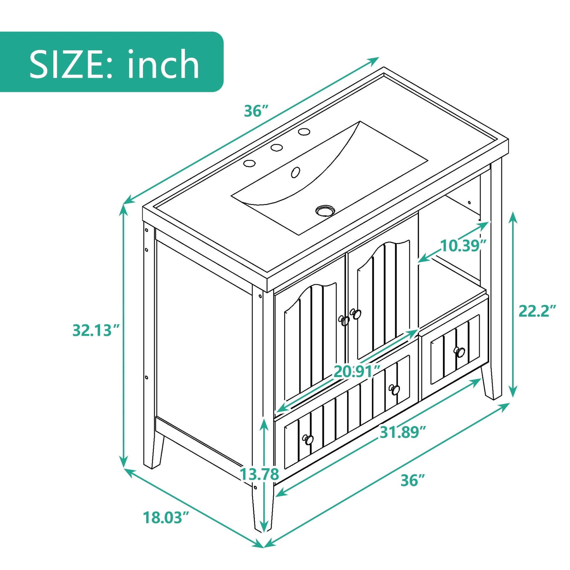 BY Bathroom Sink and Vanity 36" Bathroom Vanity with Ceramic Basin, Bathroom Storage Cabinet with Two Doors and Drawers, Solid Frame, Metal Handles, White