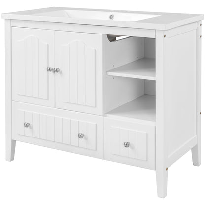 BY Bathroom Sink and Vanity 36" Bathroom Vanity with Ceramic Basin, Bathroom Storage Cabinet with Two Doors and Drawers, Solid Frame, Metal Handles, White