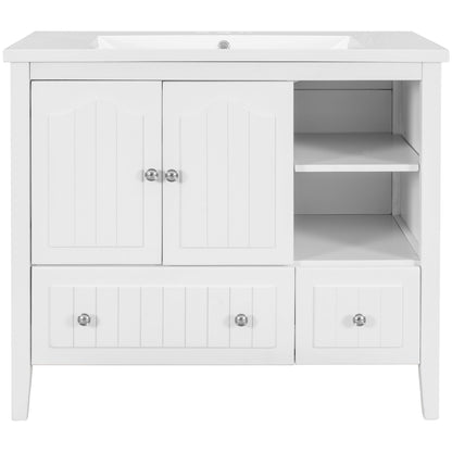 BY Bathroom Sink and Vanity 36" Bathroom Vanity with Ceramic Basin, Bathroom Storage Cabinet with Two Doors and Drawers, Solid Frame, Metal Handles, White