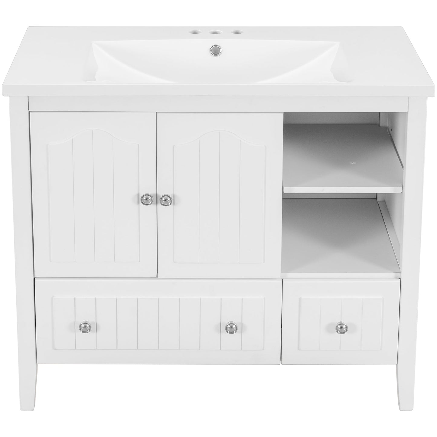 BY Bathroom Sink and Vanity 36" Bathroom Vanity with Ceramic Basin, Bathroom Storage Cabinet with Two Doors and Drawers, Solid Frame, Metal Handles, White