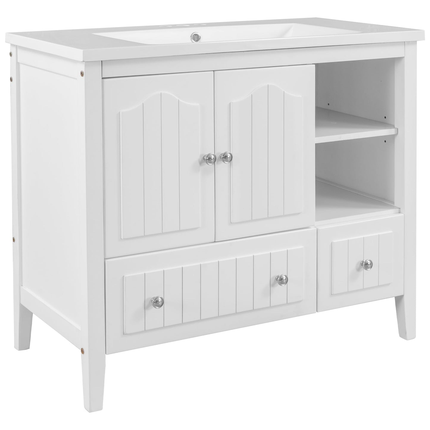 BY Bathroom Sink and Vanity 36" Bathroom Vanity with Ceramic Basin, Bathroom Storage Cabinet with Two Doors and Drawers, Solid Frame, Metal Handles, White