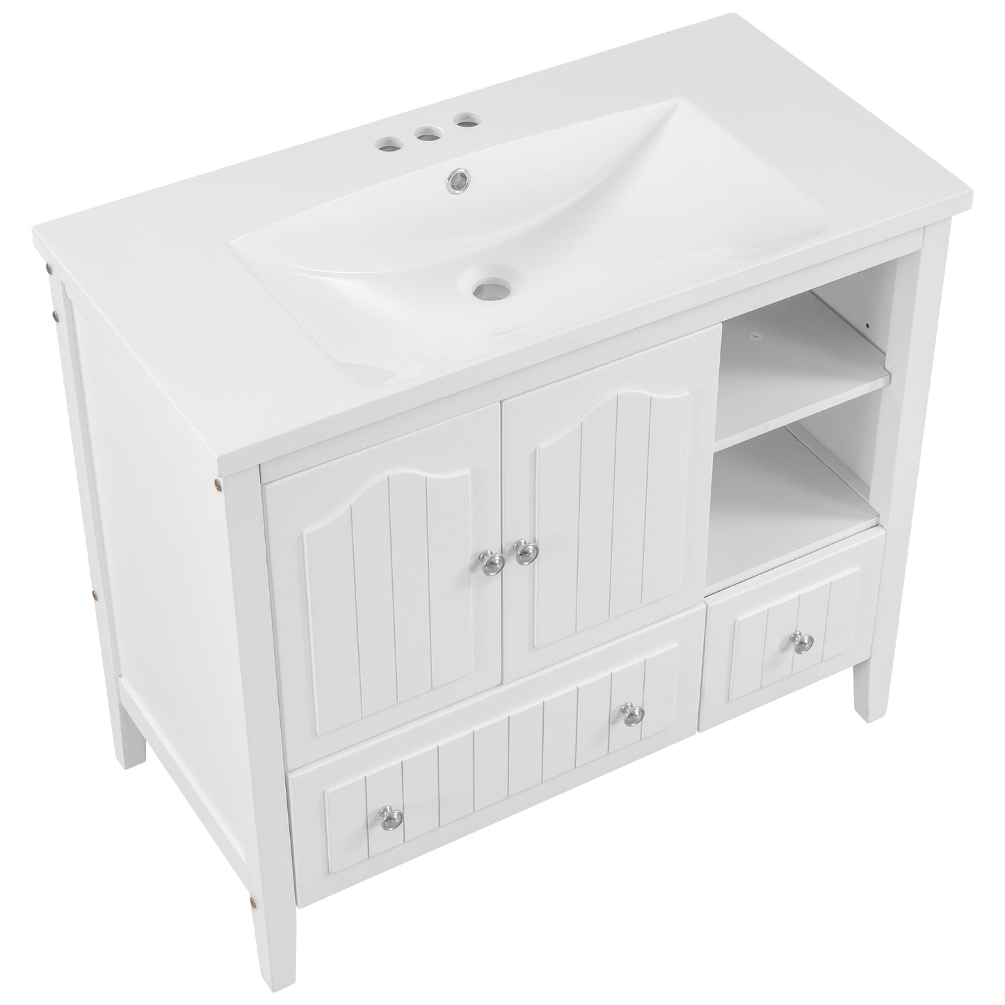 BY Bathroom Sink and Vanity 36" Bathroom Vanity with Ceramic Basin, Bathroom Storage Cabinet with Two Doors and Drawers, Solid Frame, Metal Handles, White