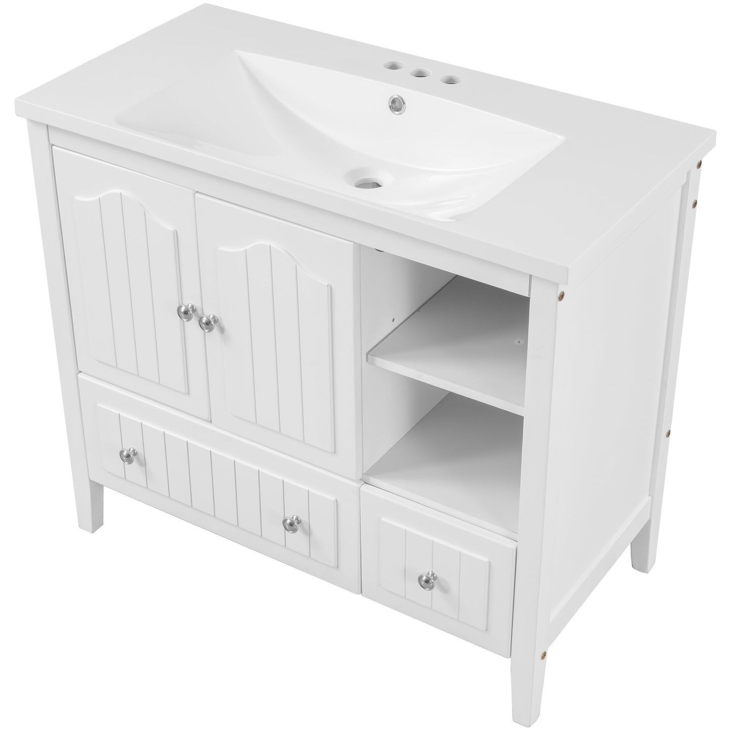 BY Bathroom Sink and Vanity 36" Bathroom Vanity with Ceramic Basin, Bathroom Storage Cabinet with Two Doors and Drawers, Solid Frame, Metal Handles, White