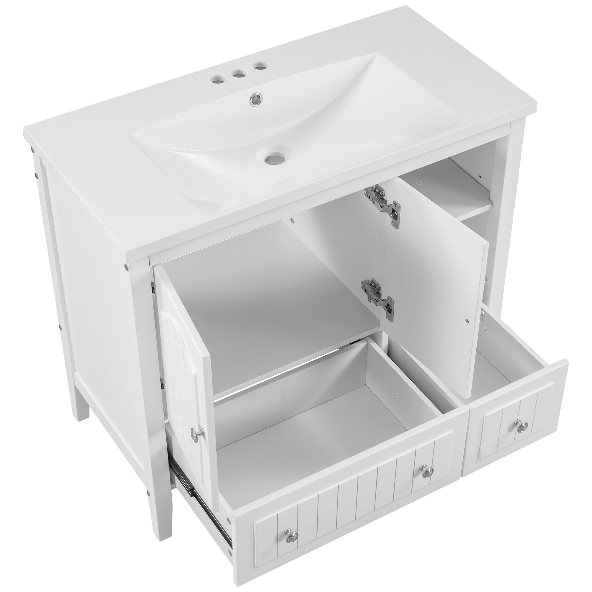 BY Bathroom Sink and Vanity 36" Bathroom Vanity with Ceramic Basin, Bathroom Storage Cabinet with Two Doors and Drawers, Solid Frame, Metal Handles, White