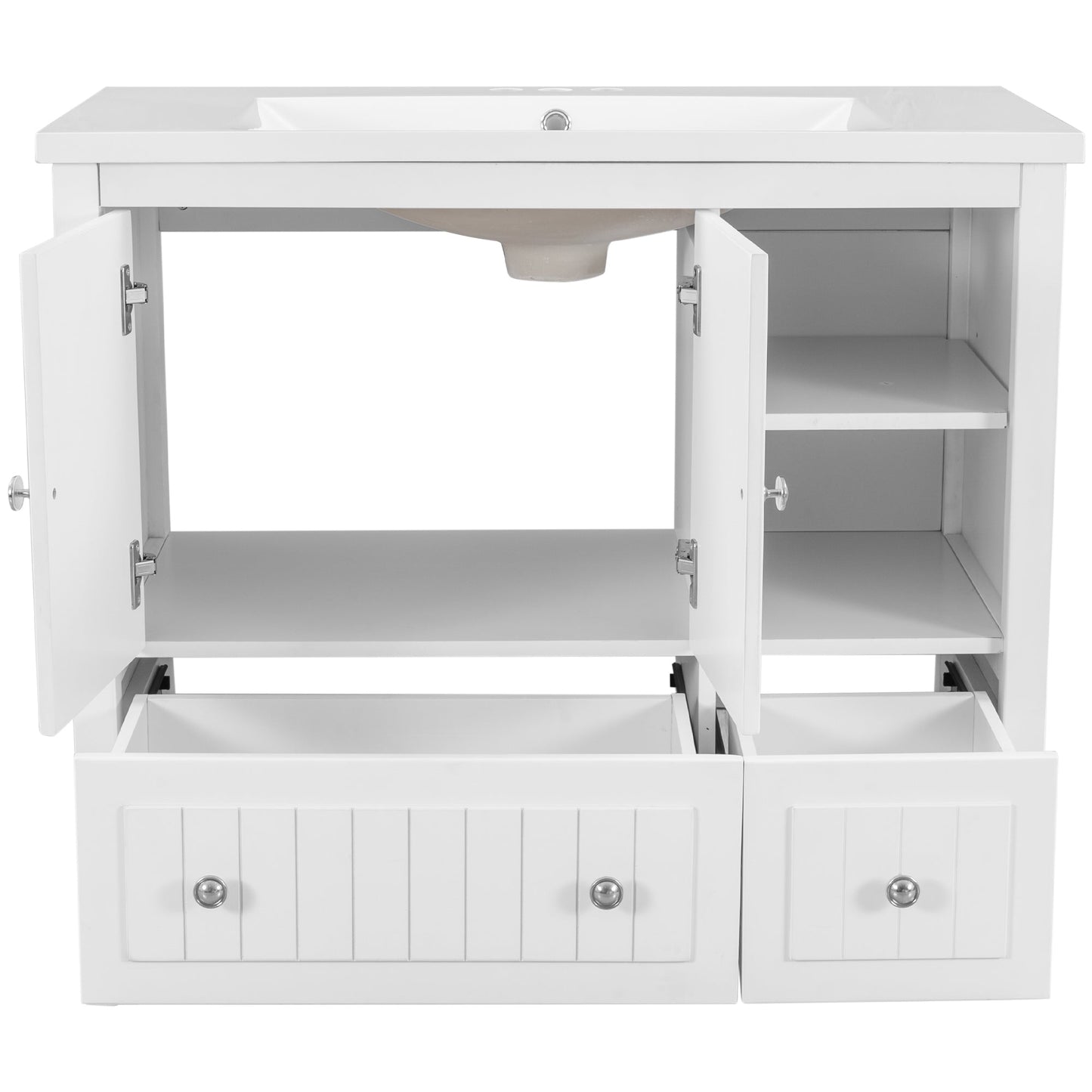 BY Bathroom Sink and Vanity 36" Bathroom Vanity with Ceramic Basin, Bathroom Storage Cabinet with Two Doors and Drawers, Solid Frame, Metal Handles, White