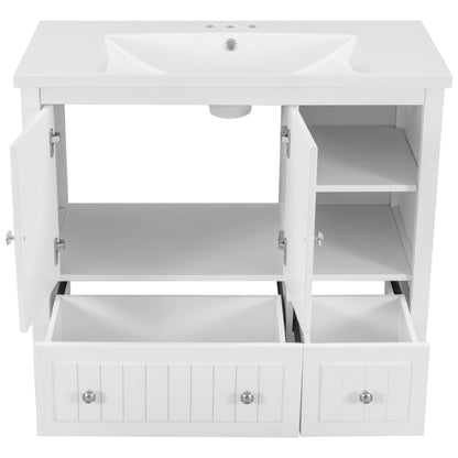 BY Bathroom Sink and Vanity 36" Bathroom Vanity with Ceramic Basin, Bathroom Storage Cabinet with Two Doors and Drawers, Solid Frame, Metal Handles, White