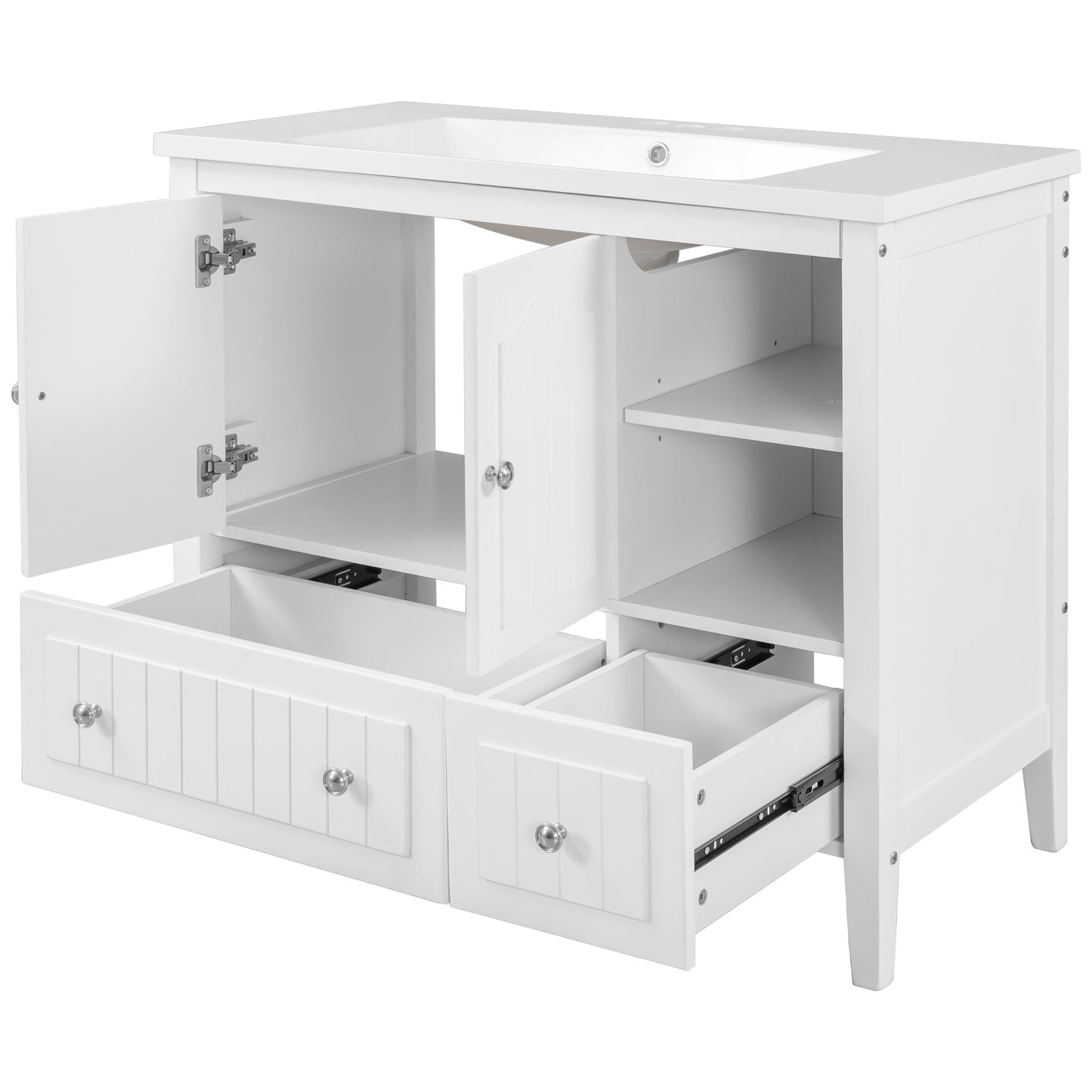 BY Bathroom Sink and Vanity 36" Bathroom Vanity with Ceramic Basin, Bathroom Storage Cabinet with Two Doors and Drawers, Solid Frame, Metal Handles, White