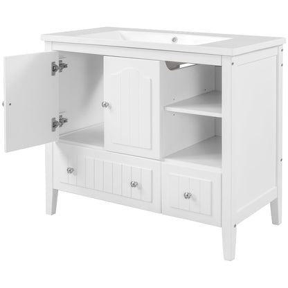 BY Bathroom Sink and Vanity 36" Bathroom Vanity with Ceramic Basin, Bathroom Storage Cabinet with Two Doors and Drawers, Solid Frame, Metal Handles, White