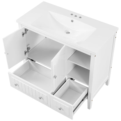 BY Bathroom Sink and Vanity 36" Bathroom Vanity with Ceramic Basin, Bathroom Storage Cabinet with Two Doors and Drawers, Solid Frame, Metal Handles, White