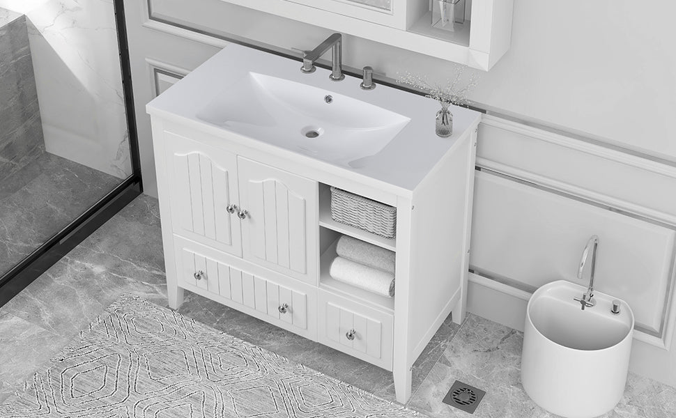 BY Bathroom Sink and Vanity 36" Bathroom Vanity with Ceramic Basin, Bathroom Storage Cabinet with Two Doors and Drawers, Solid Frame, Metal Handles, White