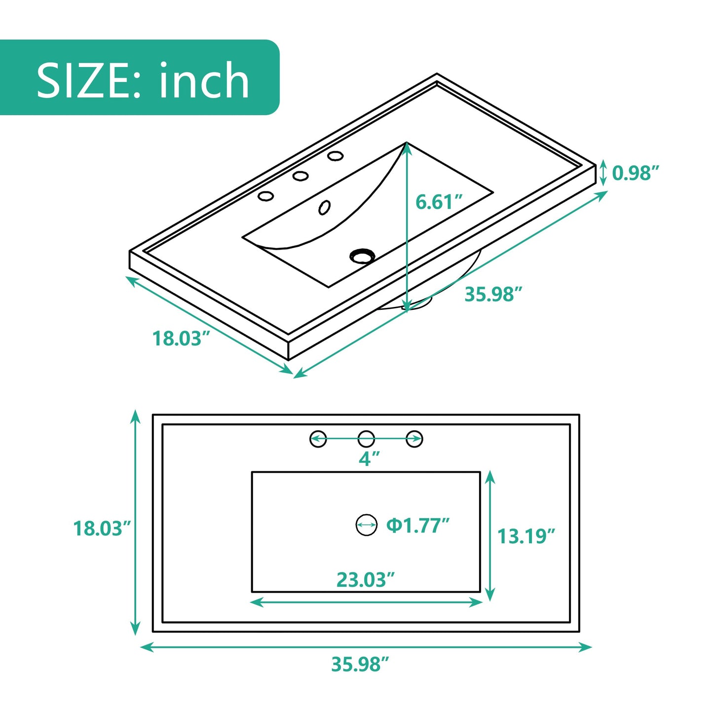 BY Bathroom Sink and Vanity 36" Single Bathroom Vanity Top with White Basin, 3-Faucet Holes, Ceramic, White