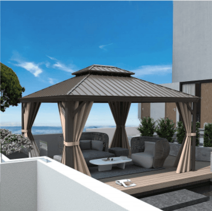 Crefise Patio Life Outdoor Hardtop Gazebo: Aluminum Double-Canopy Grill Gazebo with Curtains & Netting for Patios