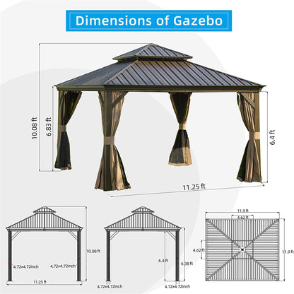 Domi Outdoor Living Gazebo Premium 12'x12' Hardtop Gazebo with Double Roof - Aluminum Frame, Galvanized Steel Canopy, and Protective Curtains - Perfect Outdoor Pavilion for Patio, Backyard, and Lawn (Brown)