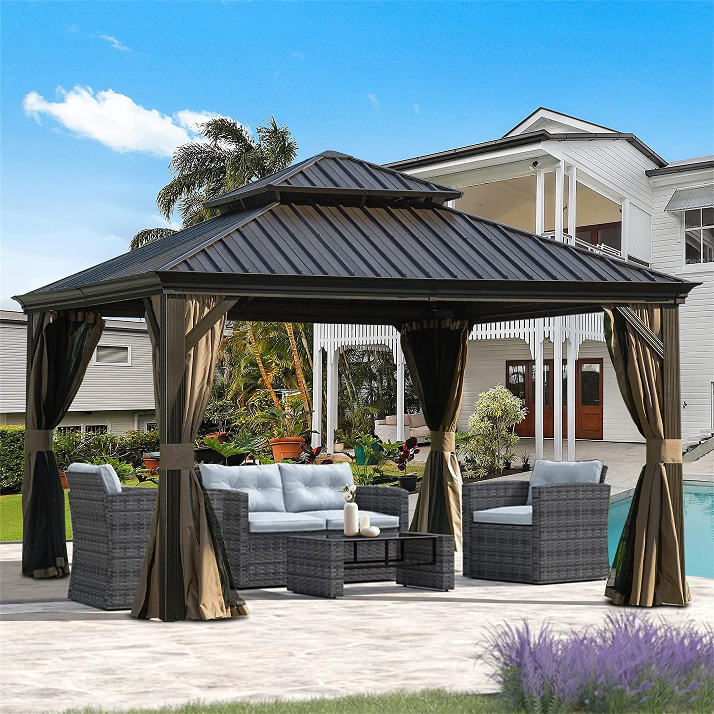 Domi Outdoor Living Gazebo Premium 12'x12' Hardtop Gazebo with Double Roof - Aluminum Frame, Galvanized Steel Canopy, and Protective Curtains - Perfect Outdoor Pavilion for Patio, Backyard, and Lawn (Brown)