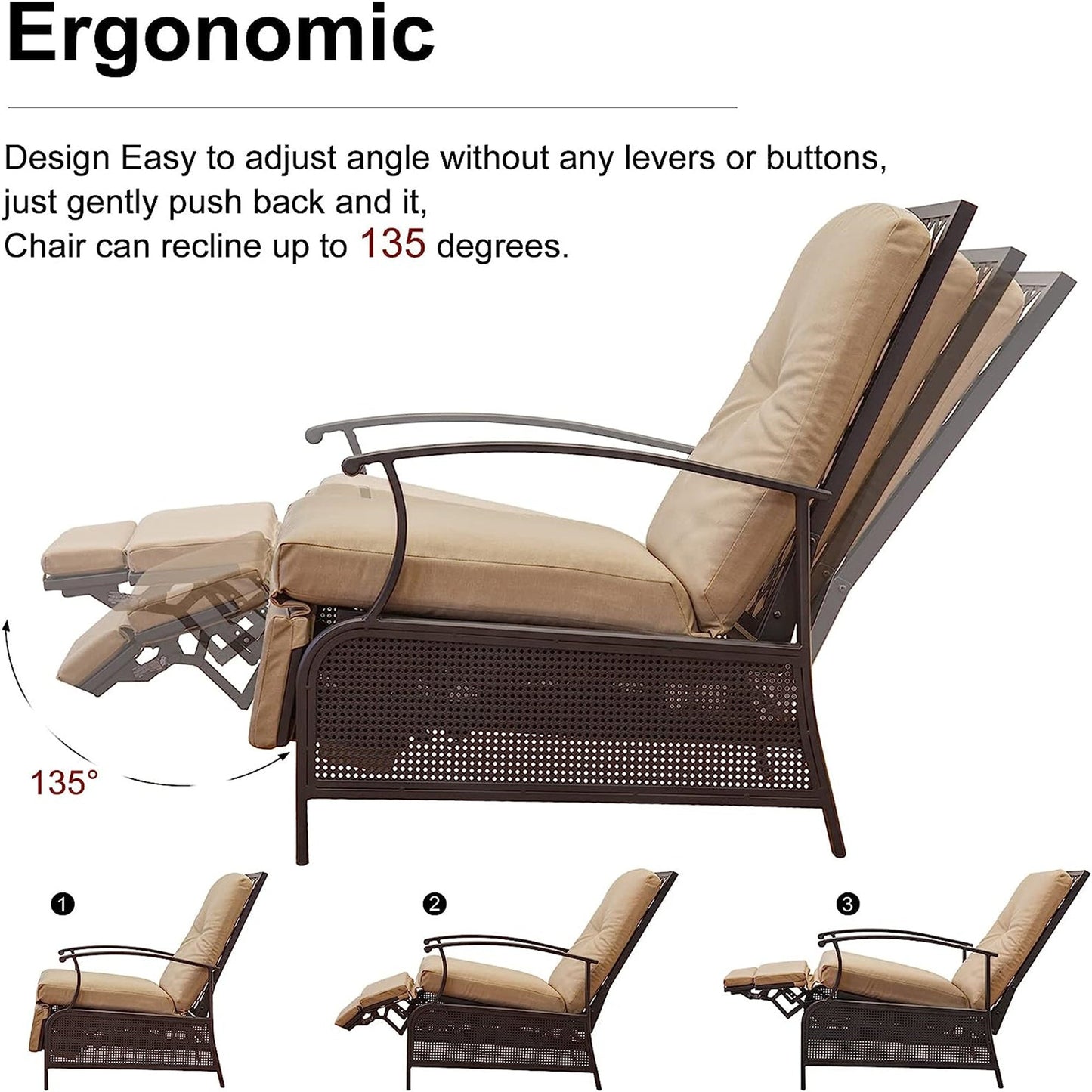 Domi Outdoor Living Outdoor Chairs Premium Patio Recliner Lounge Chair with Cushions - Adjustable Outdoor Seating with Strong Metal Frame for Garden, Lawn & More – Rust Resistant, UV-Protected, Khaki (Single Chair)