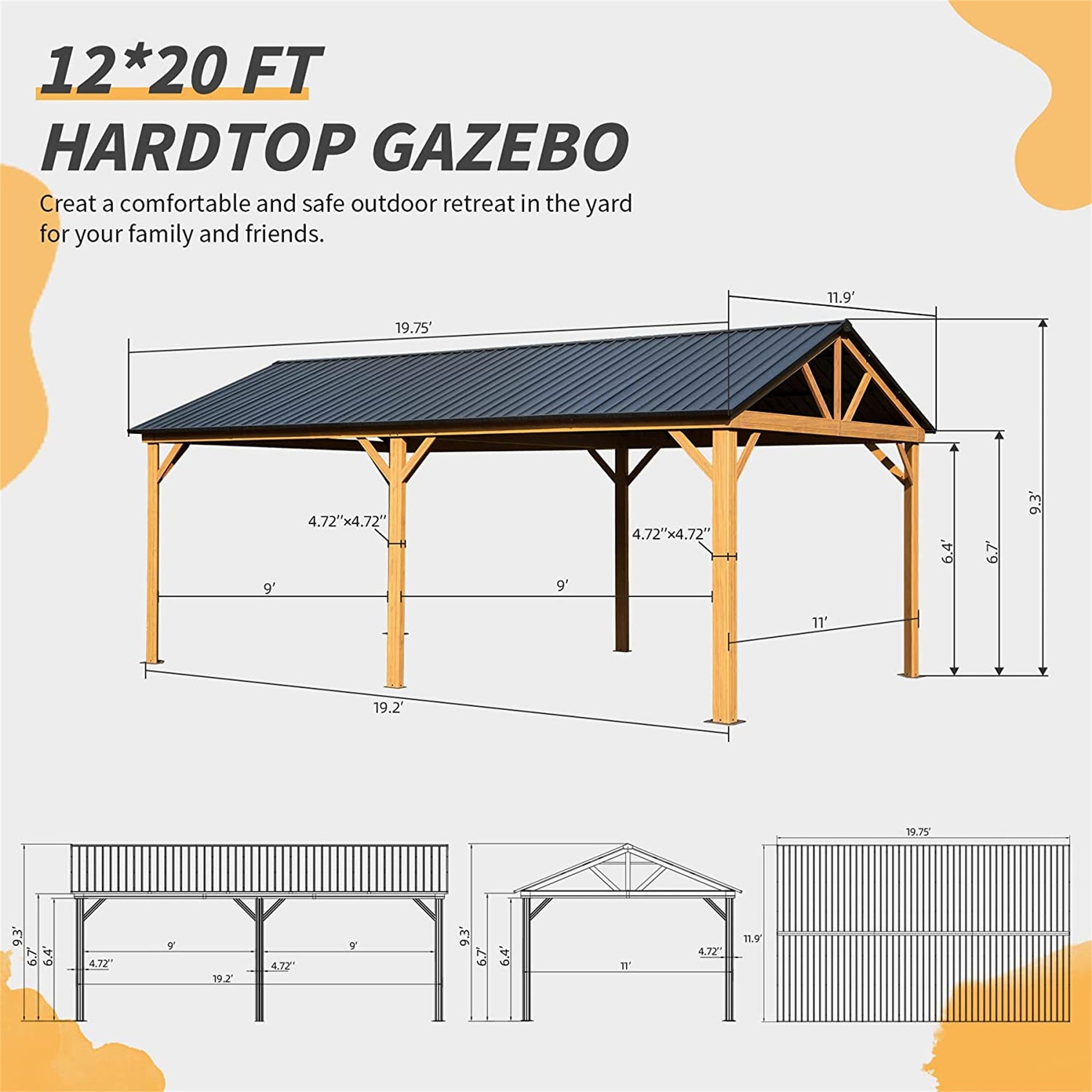 Domi Outdoor Living Pavilion/Gazebo 12'x20' All-Season Hardtop Gazebo - Galvanized Steel Roof, Wood Grain Aluminum Frame, Perfect for Patio and Garden - Yellow Brown