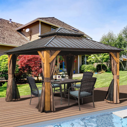 Domi Outdoor Living Pavilion/Gazebo/Canopy 12'x12' Hardtop Gazebo, Outdoor Cedar Wood Frame Canopy with Galvanized Steel Double Roof, Outdoor Permanent Metal Pavilion with Curtains and Netting for Patio, Backyard and Lawn (Brown)