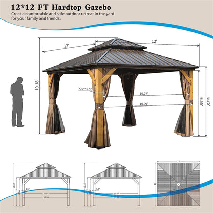 Domi Outdoor Living Pavilion/Gazebo/Canopy 12'x12' Hardtop Gazebo, Outdoor Cedar Wood Frame Canopy with Galvanized Steel Double Roof, Outdoor Permanent Metal Pavilion with Curtains and Netting for Patio, Backyard and Lawn (Brown)