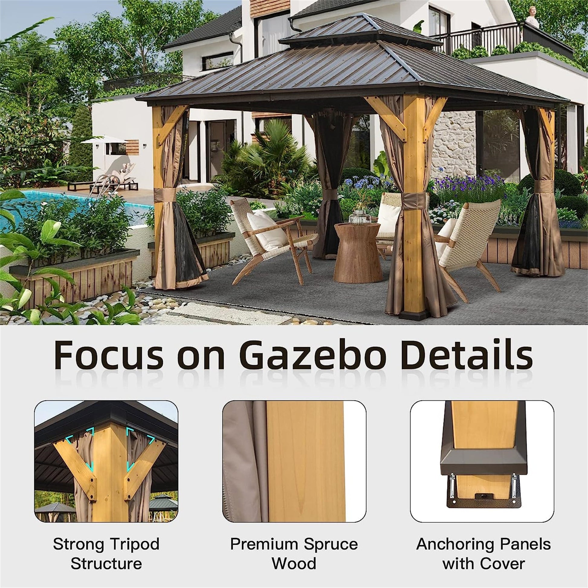 Domi Outdoor Living Pavilion/Gazebo/Canopy 12'x12' Hardtop Gazebo, Outdoor Cedar Wood Frame Canopy with Galvanized Steel Double Roof, Outdoor Permanent Metal Pavilion with Curtains and Netting for Patio, Backyard and Lawn (Brown)