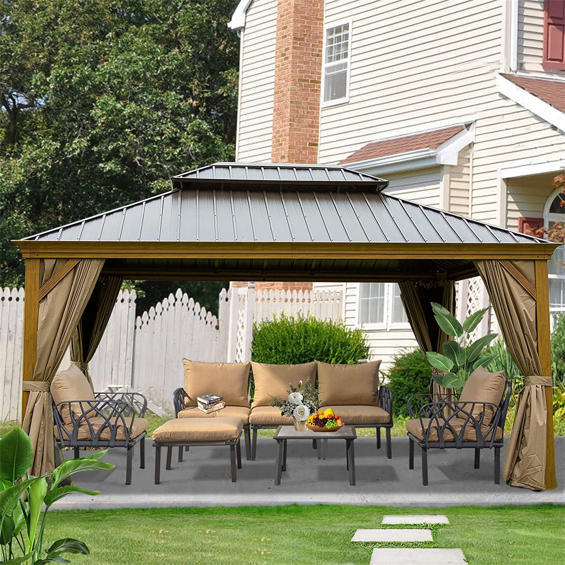 Domi Outdoor Living Pavilion/Gazebo/Canopy 12'x16' Hardtop Gazebo Outdoor Aluminum Wood Grain Gazebos with Galvanized Steel Double Canopy for Patios Deck Backyard, Curtains & Netting (Woodgrain Look)