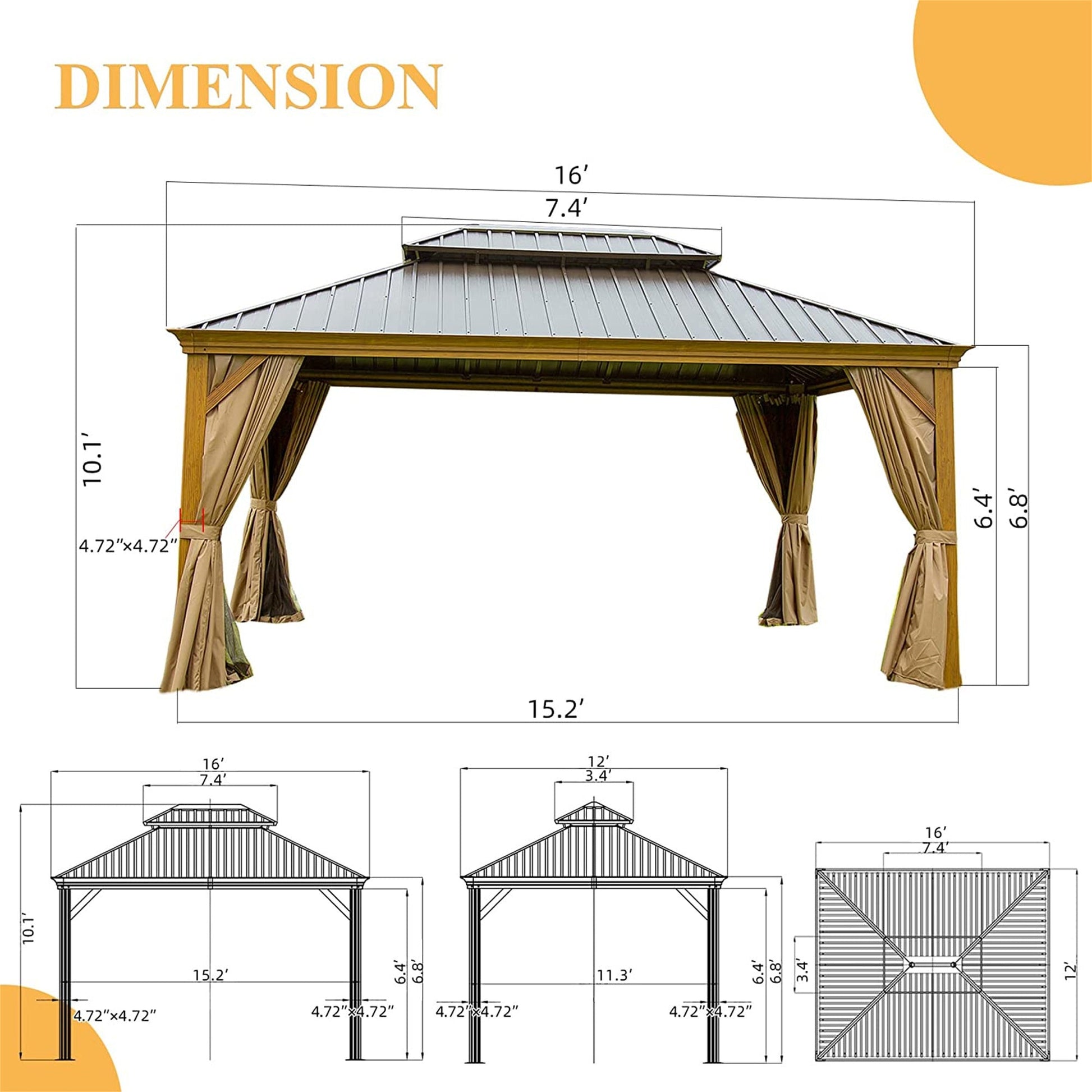 Domi Outdoor Living Pavilion/Gazebo/Canopy 12'x16' Hardtop Gazebo Outdoor Aluminum Wood Grain Gazebos with Galvanized Steel Double Canopy for Patios Deck Backyard, Curtains & Netting (Woodgrain Look)