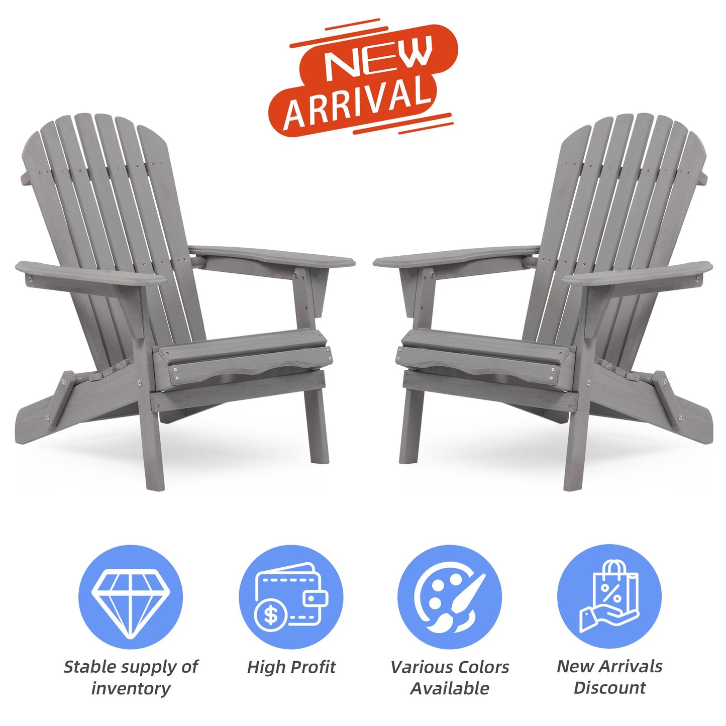 Droad Outdoor Furniture Wooden Folding Adirondack Chair Set of 2 - Solid Cedar Wood Lounge Patio Chairs for Garden, Lawn, Backyard - Gray