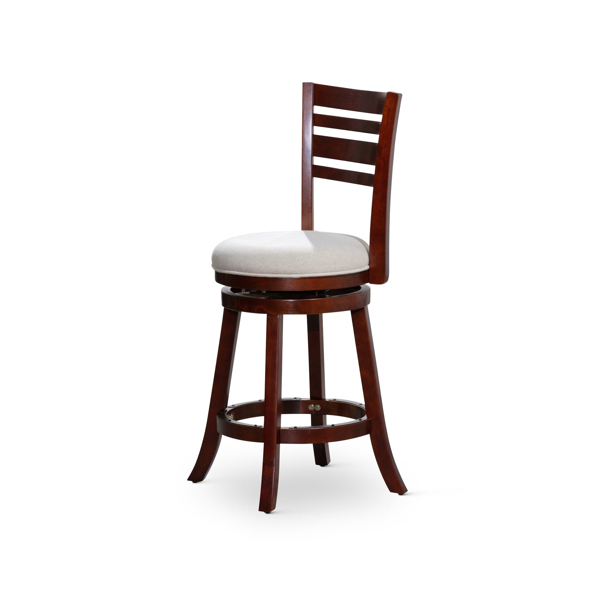 DTY Home Bar Stool 24" Counter Height Slat Back Swivel Stool, Cherry Finish, Beige Fabric Seat