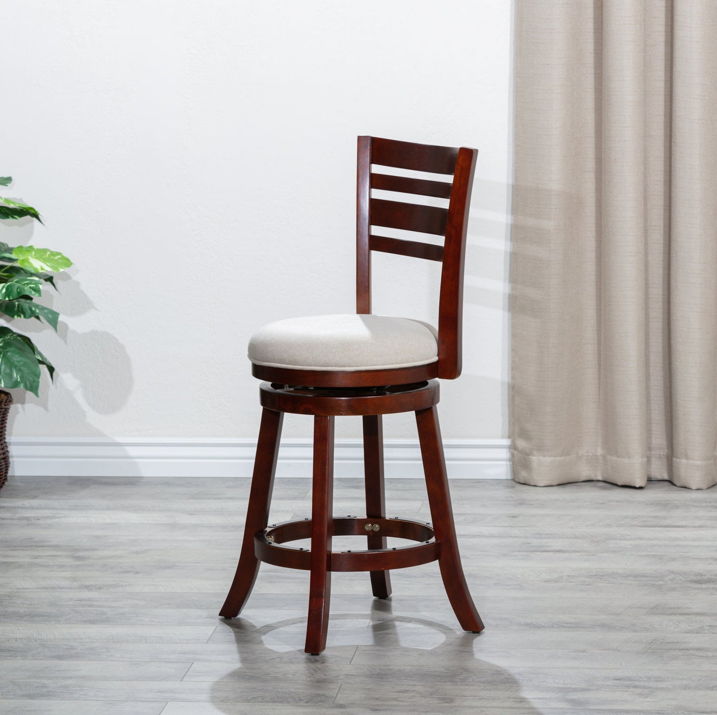 DTY Home Bar Stool 24" Counter Height Slat Back Swivel Stool, Cherry Finish, Beige Fabric Seat