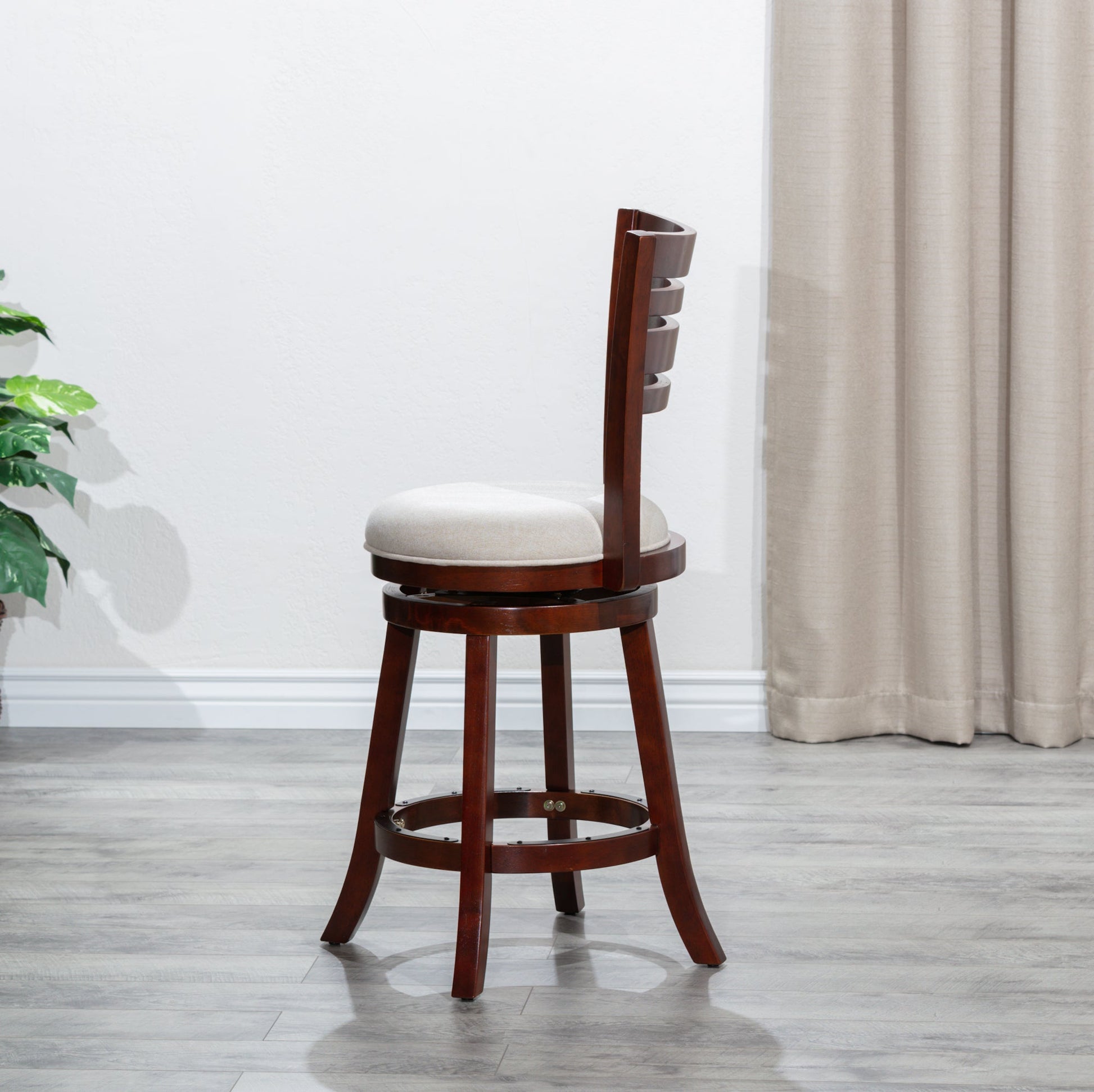 DTY Home Bar Stool 24" Counter Height Slat Back Swivel Stool, Cherry Finish, Beige Fabric Seat