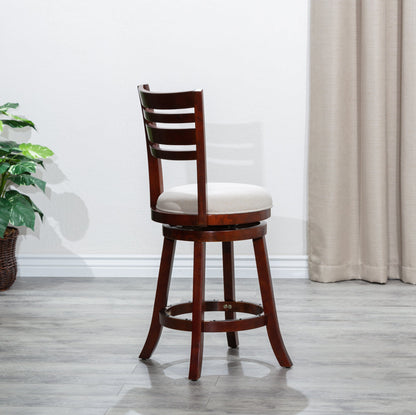 DTY Home Bar Stool 24" Counter Height Slat Back Swivel Stool, Cherry Finish, Beige Fabric Seat