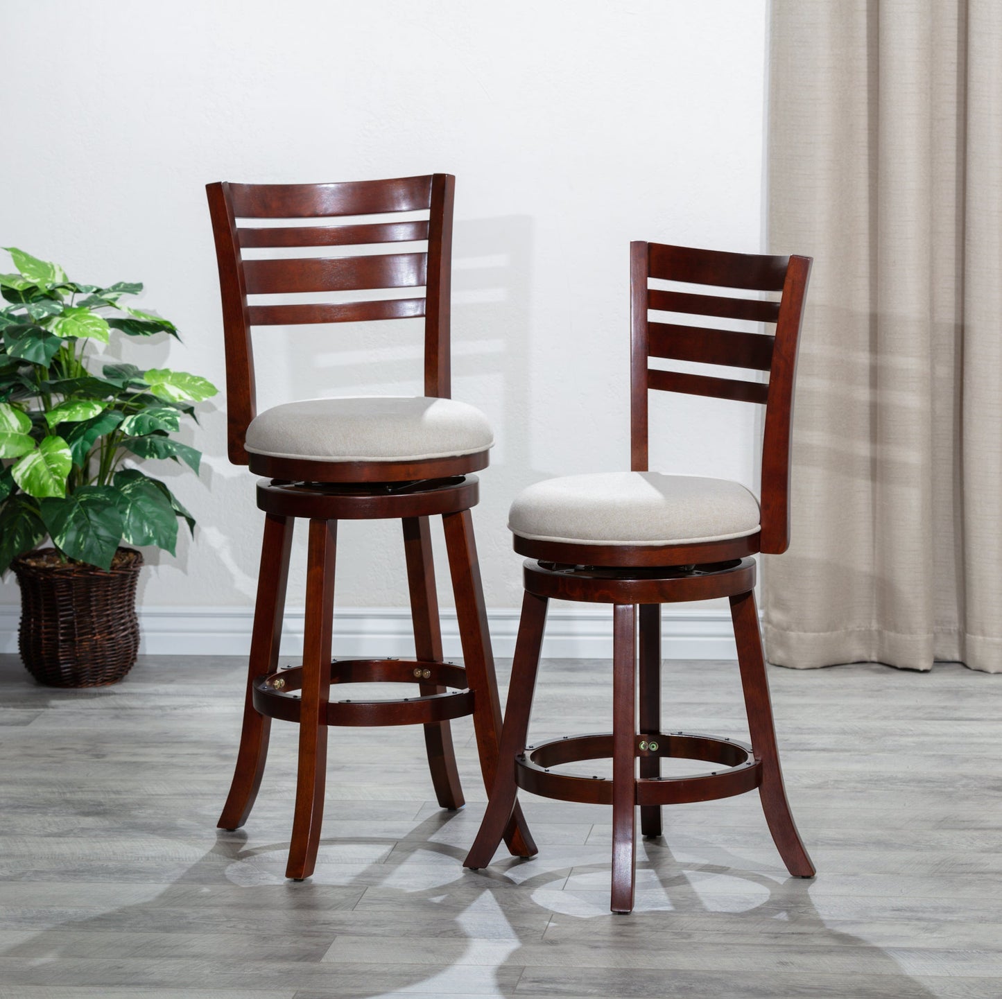 DTY Home Bar Stool 24" Counter Height Slat Back Swivel Stool, Cherry Finish, Beige Fabric Seat