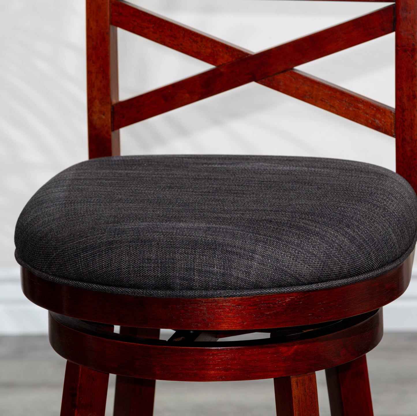 DTY Home Bar Stool 24" Counter Height X-Back Swivel Stool, Cherry Finish, Charcoal Fabric Seat - Stylish and Comfortable