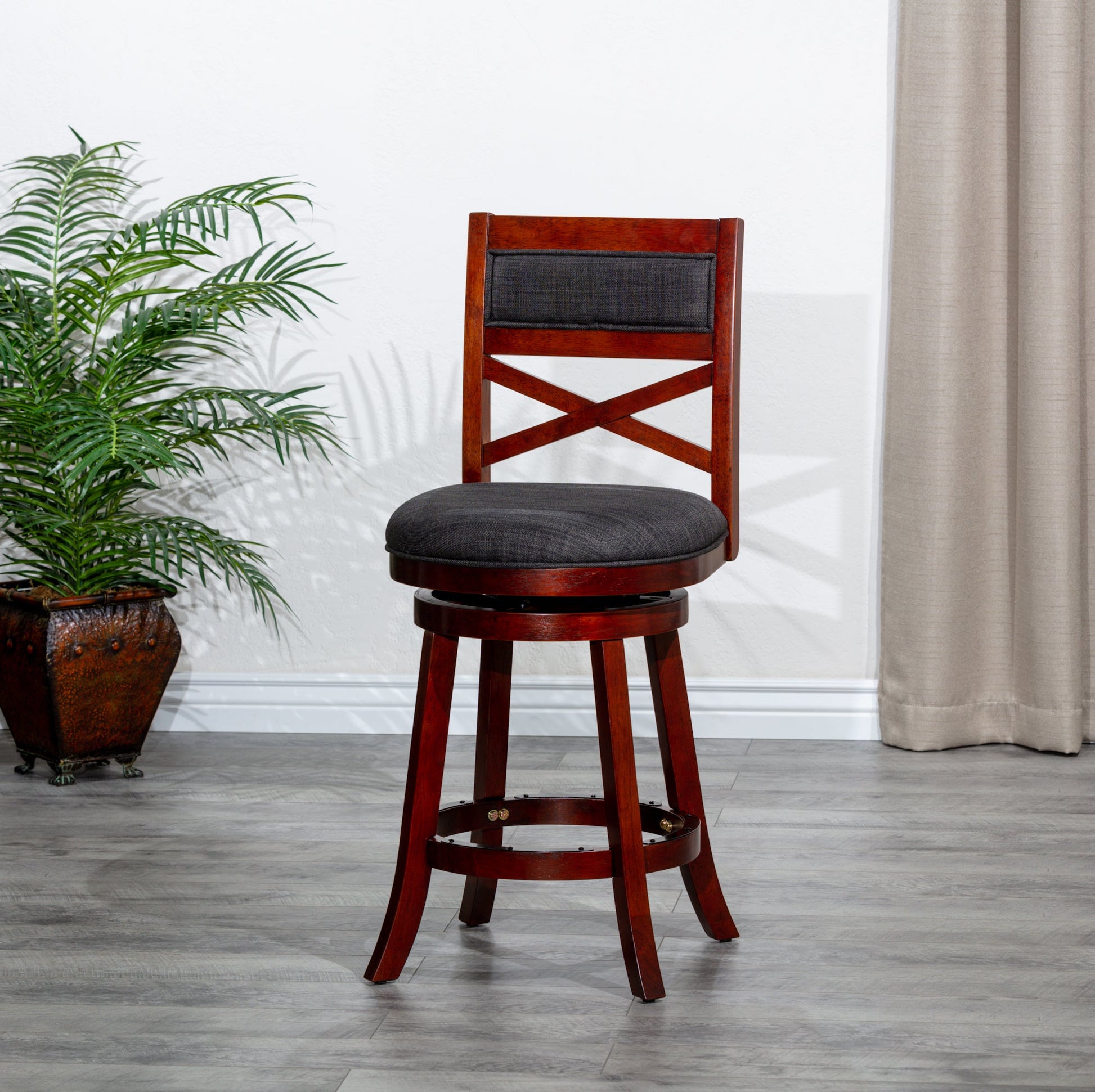 DTY Home Bar Stool 24" Counter Height X-Back Swivel Stool, Cherry Finish, Charcoal Fabric Seat - Stylish and Comfortable