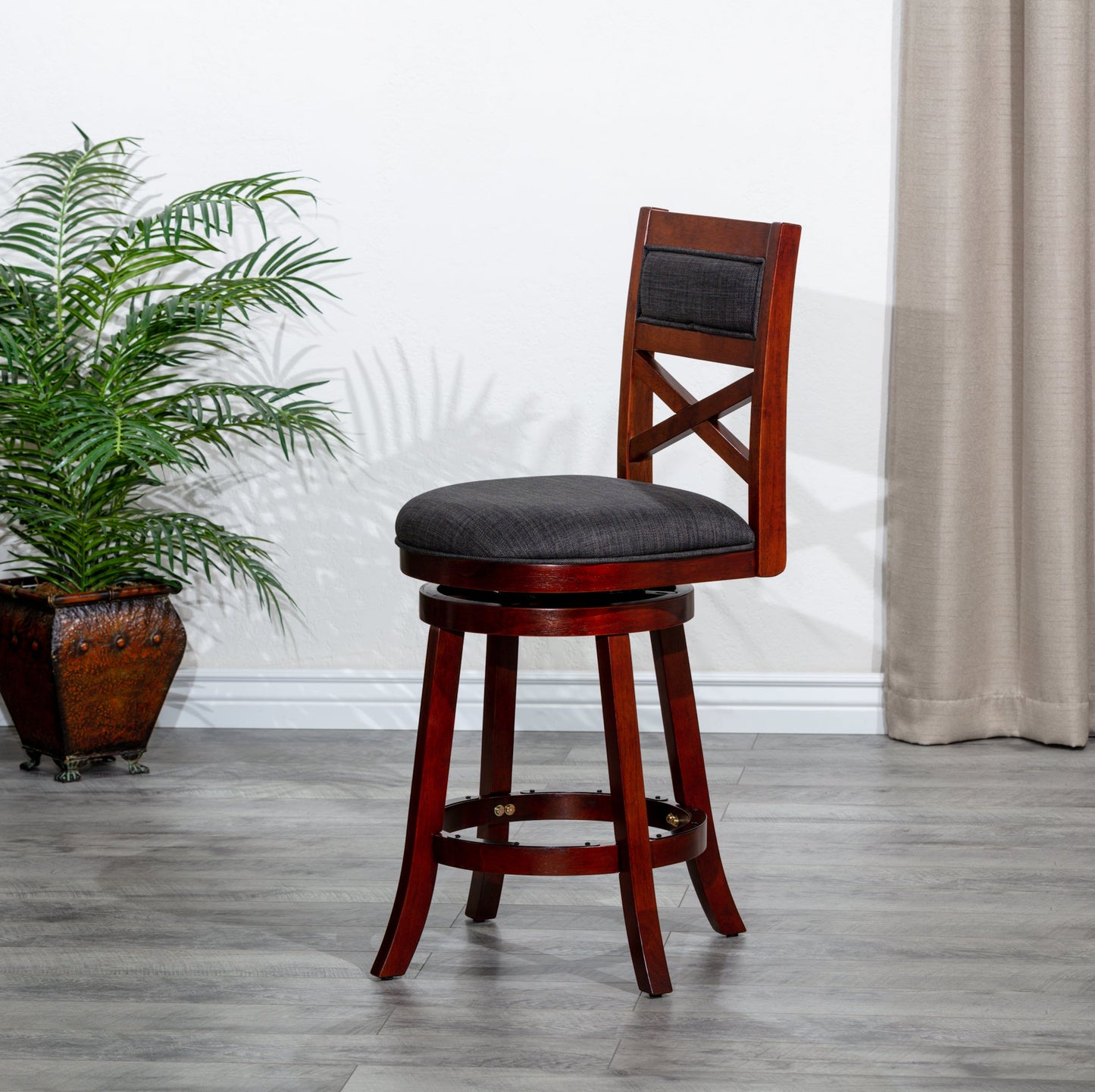 DTY Home Bar Stool 24" Counter Height X-Back Swivel Stool, Cherry Finish, Charcoal Fabric Seat - Stylish and Comfortable