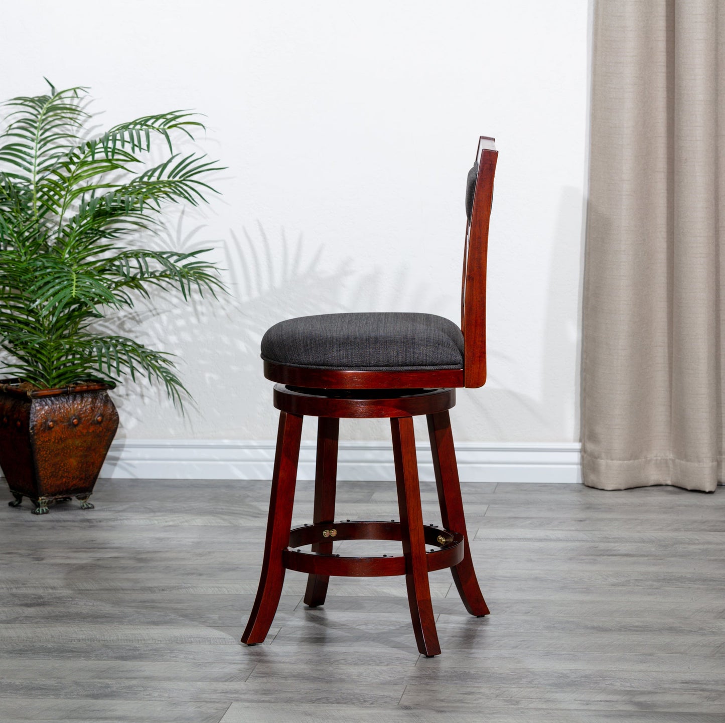 DTY Home Bar Stool 24" Counter Height X-Back Swivel Stool, Cherry Finish, Charcoal Fabric Seat - Stylish and Comfortable