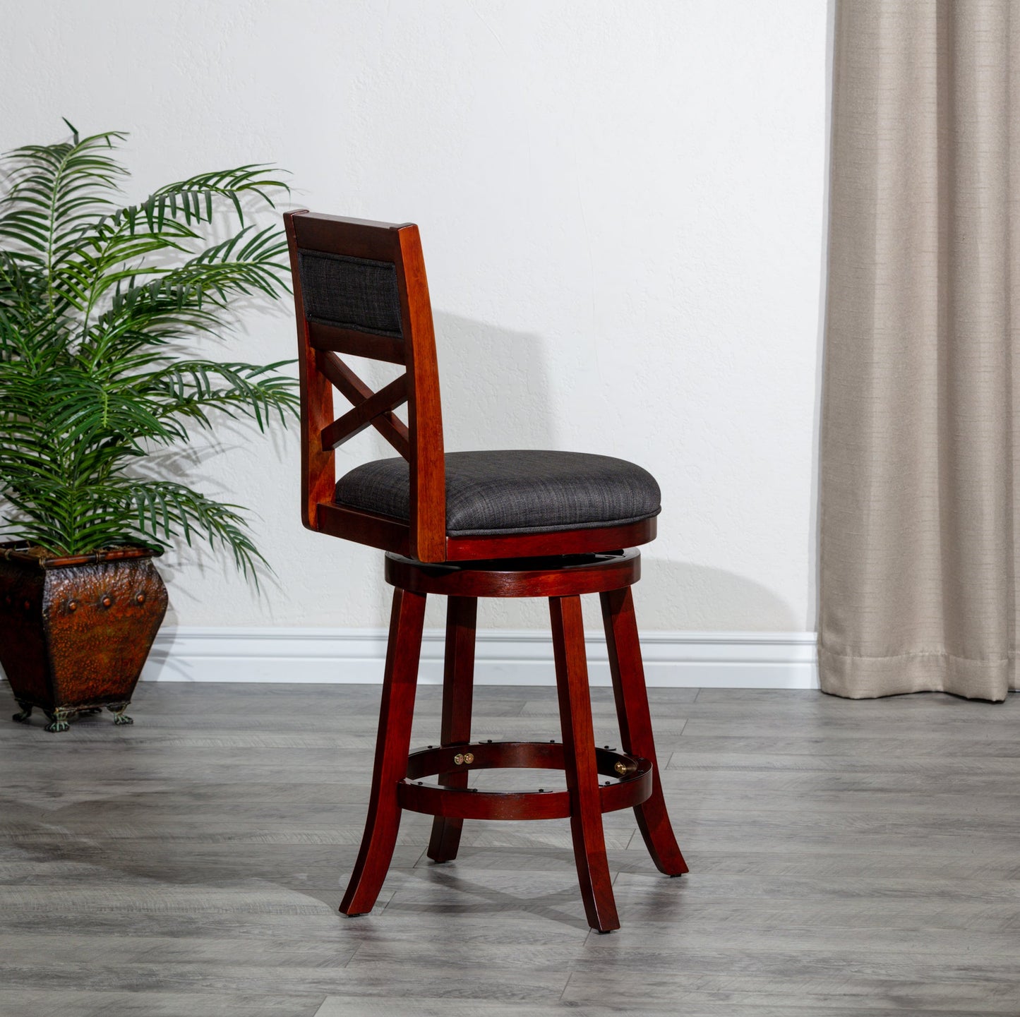 DTY Home Bar Stool 24" Counter Height X-Back Swivel Stool, Cherry Finish, Charcoal Fabric Seat - Stylish and Comfortable