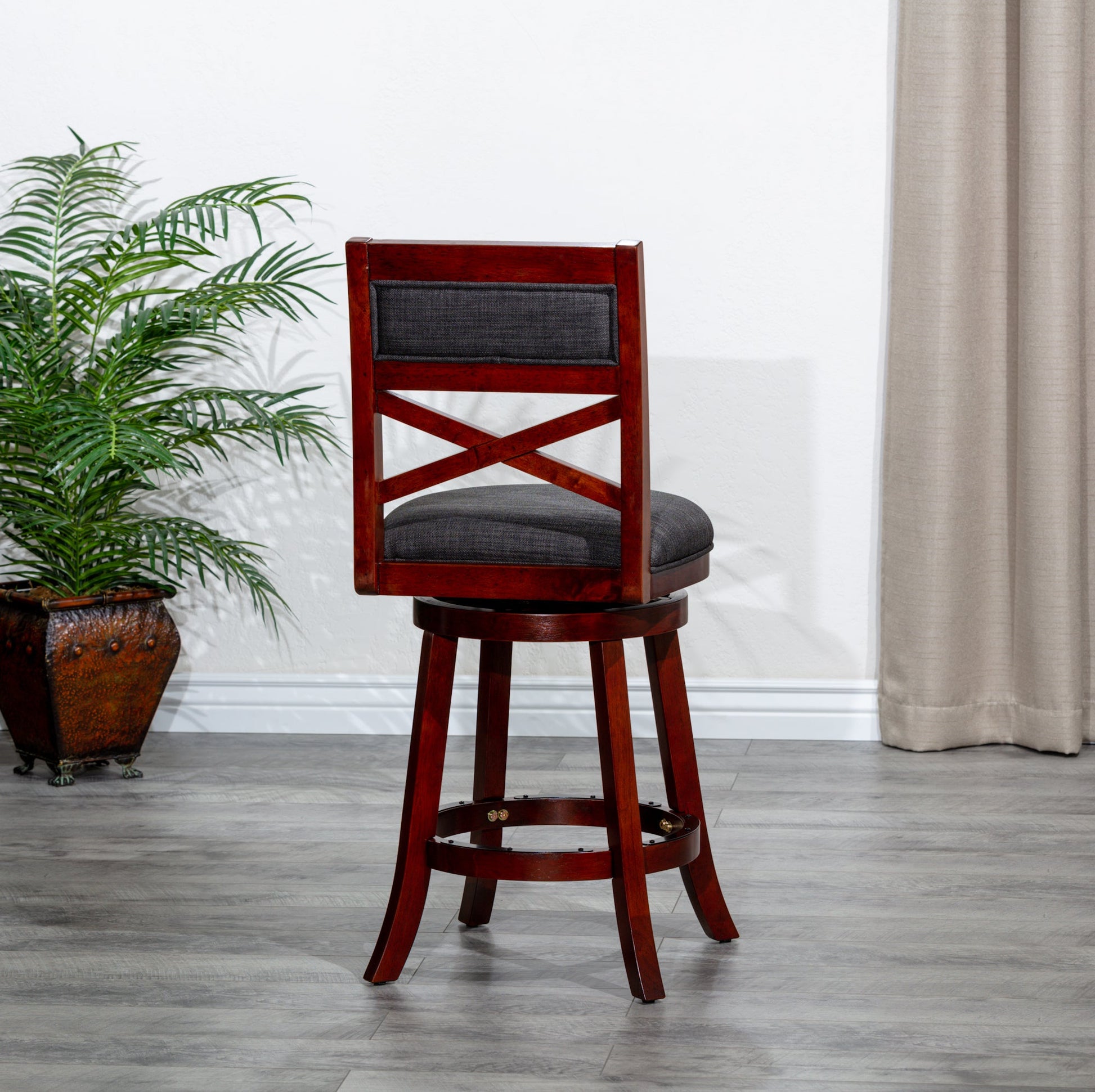 DTY Home Bar Stool 24" Counter Height X-Back Swivel Stool, Cherry Finish, Charcoal Fabric Seat - Stylish and Comfortable