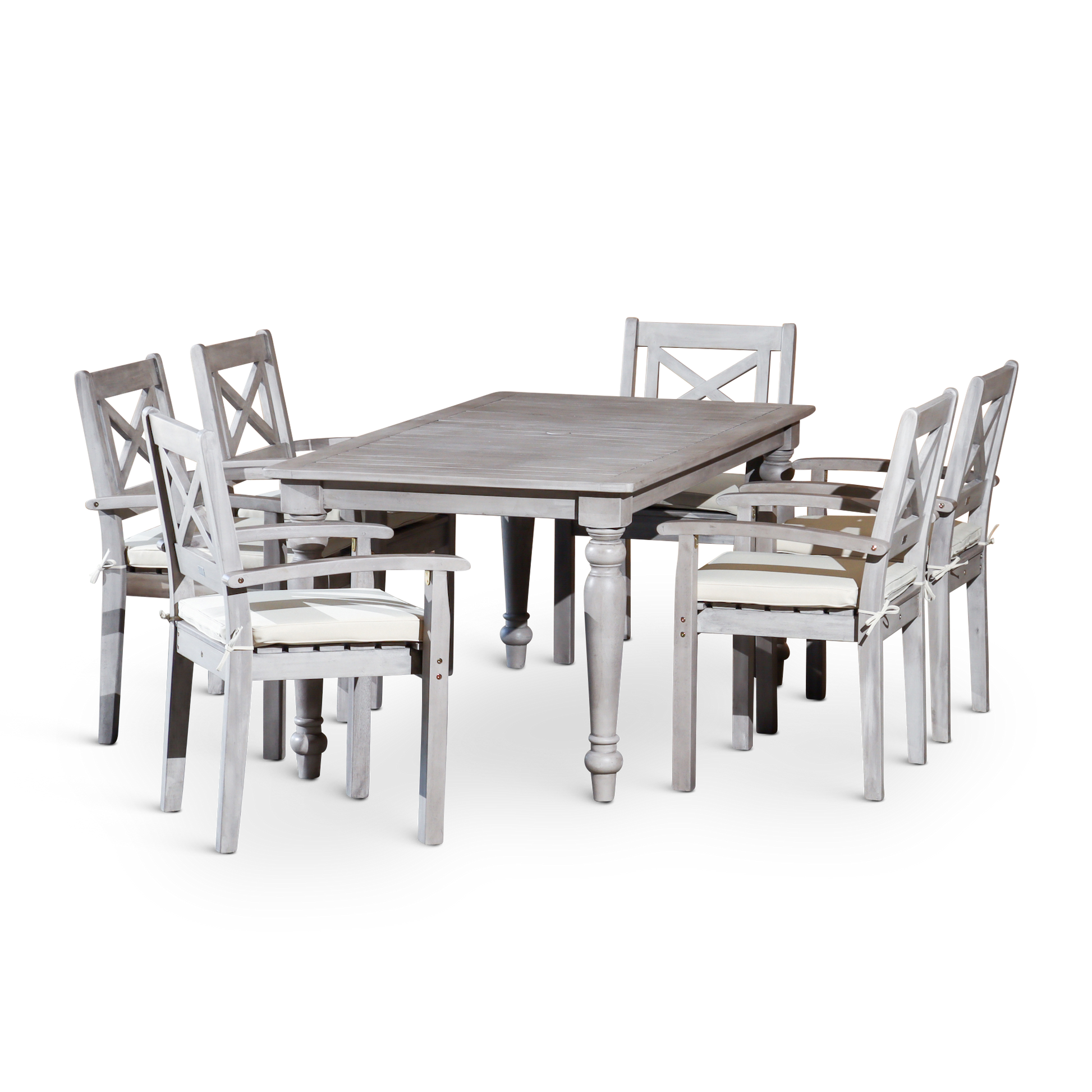 DTY Home Outdoor Furniture Stylish 7-Piece Outdoor Dining Set - Solid Wood, Silver Grey Finish - Rectangular Table with 6 X-Back Armchairs