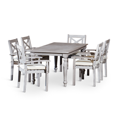 DTY Home Outdoor Furniture Stylish 7-Piece Outdoor Dining Set - Solid Wood, Silver Grey Finish - Rectangular Table with 6 X-Back Armchairs