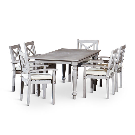 DTY Home Outdoor Furniture Stylish 7-Piece Outdoor Dining Set - Solid Wood, Silver Grey Finish - Rectangular Table with 6 X-Back Armchairs