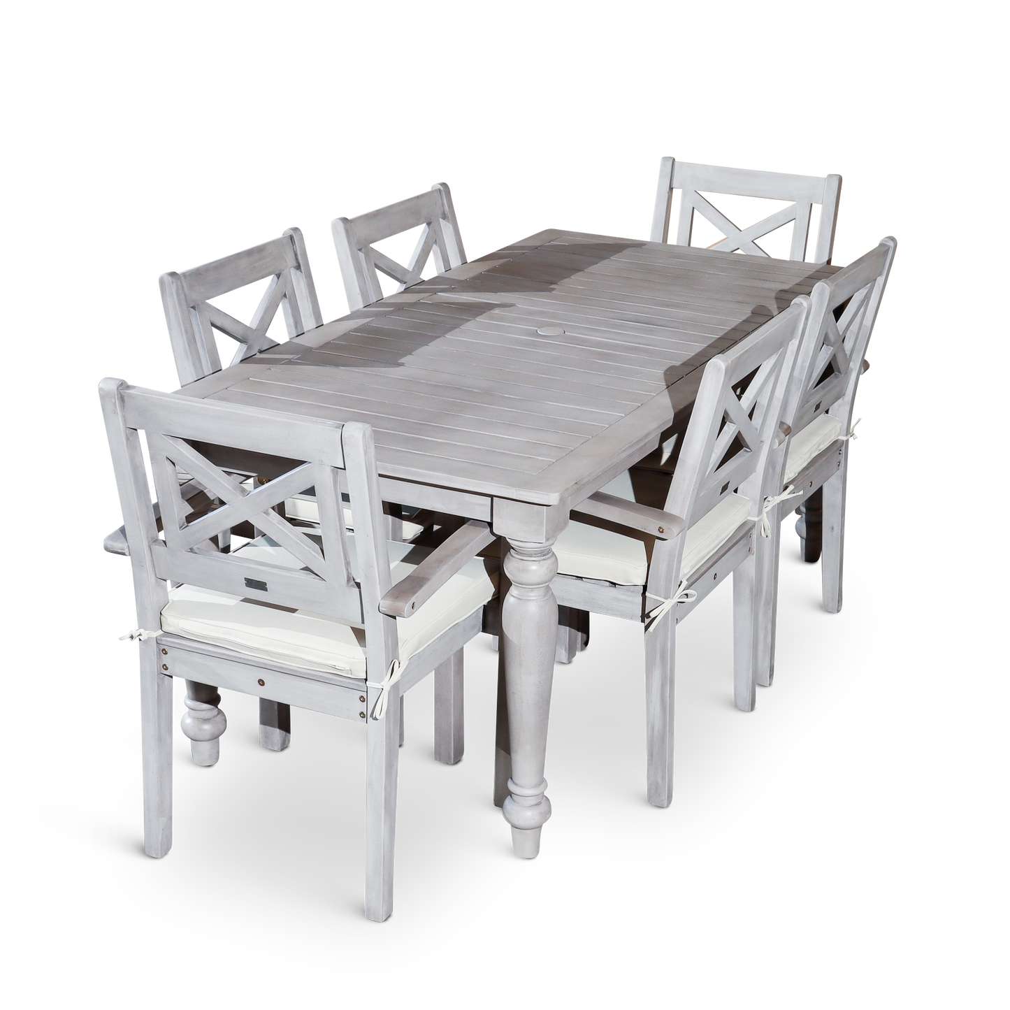 DTY Home Outdoor Furniture Stylish 7-Piece Outdoor Dining Set - Solid Wood, Silver Grey Finish - Rectangular Table with 6 X-Back Armchairs