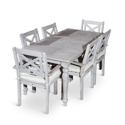 DTY Home Outdoor Furniture Stylish 7-Piece Outdoor Dining Set - Solid Wood, Silver Grey Finish - Rectangular Table with 6 X-Back Armchairs