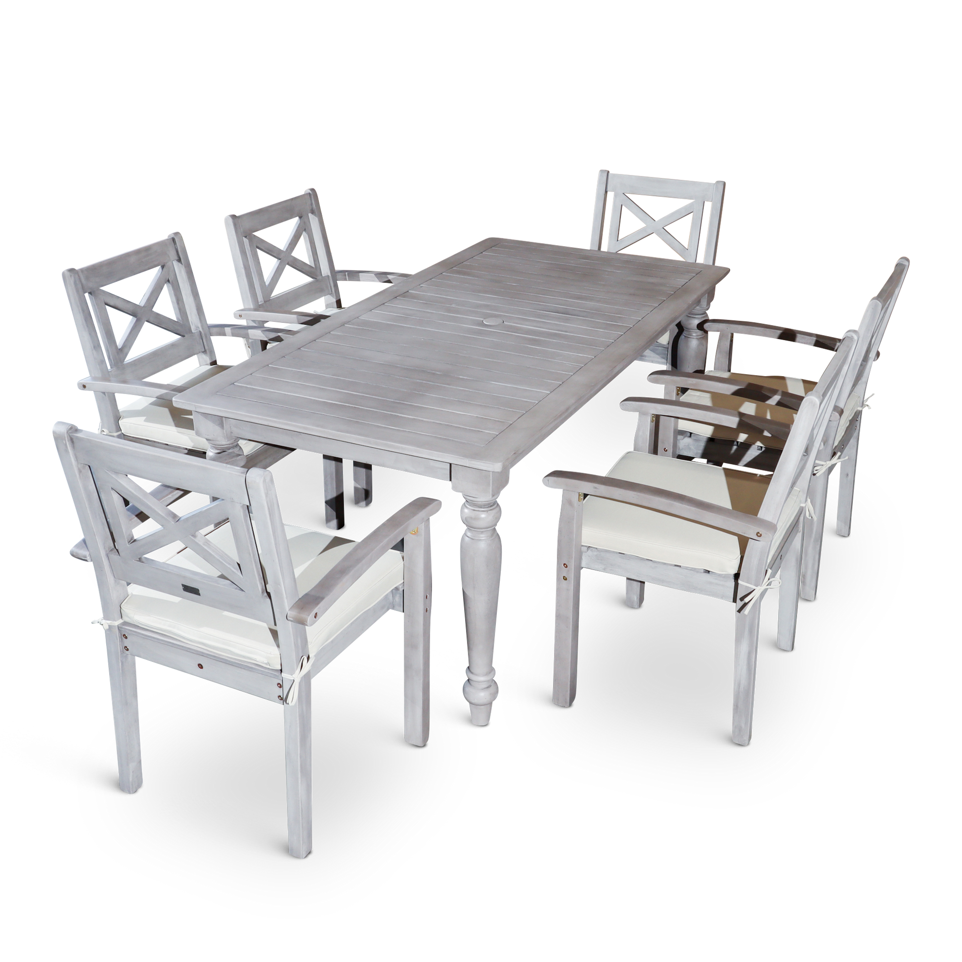 DTY Home Outdoor Furniture Stylish 7-Piece Outdoor Dining Set - Solid Wood, Silver Grey Finish - Rectangular Table with 6 X-Back Armchairs