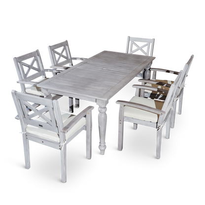 DTY Home Outdoor Furniture Stylish 7-Piece Outdoor Dining Set - Solid Wood, Silver Grey Finish - Rectangular Table with 6 X-Back Armchairs