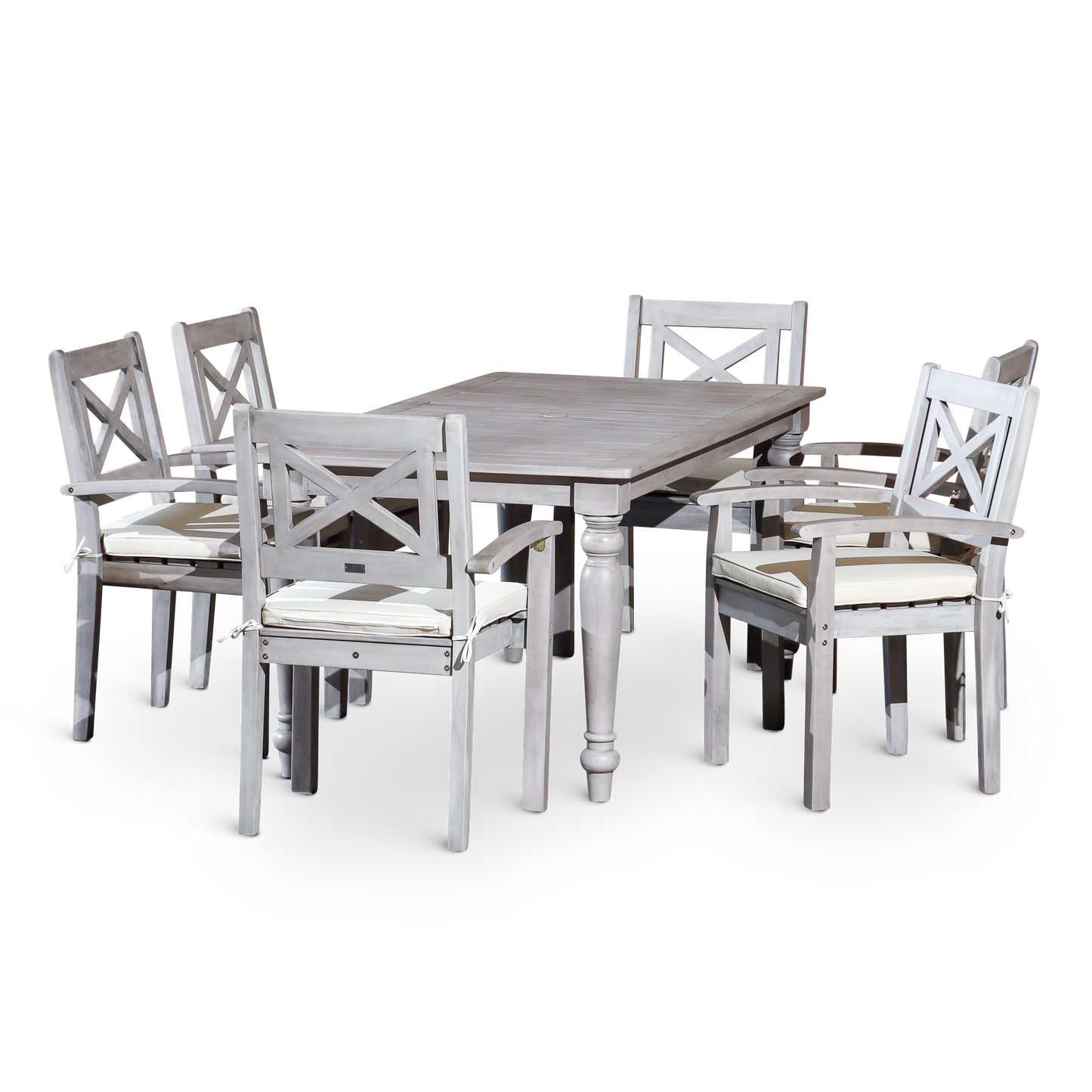 DTY Home Outdoor Furniture Stylish 7-Piece Outdoor Dining Set - Solid Wood, Silver Grey Finish - Rectangular Table with 6 X-Back Armchairs